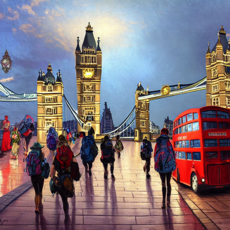 London Tower Bridge Painting with Red Bus and Pedestrians under Blue Sky