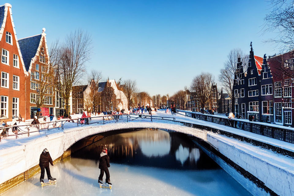 Ice-skating on frozen canal in picturesque town with classic architecture