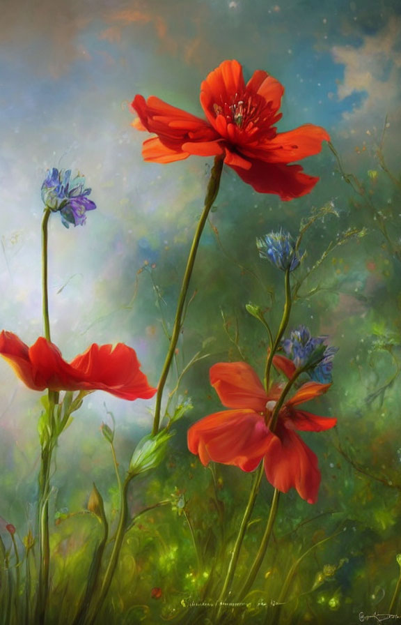 Bright red poppies among blue flowers in soft-focus green background.