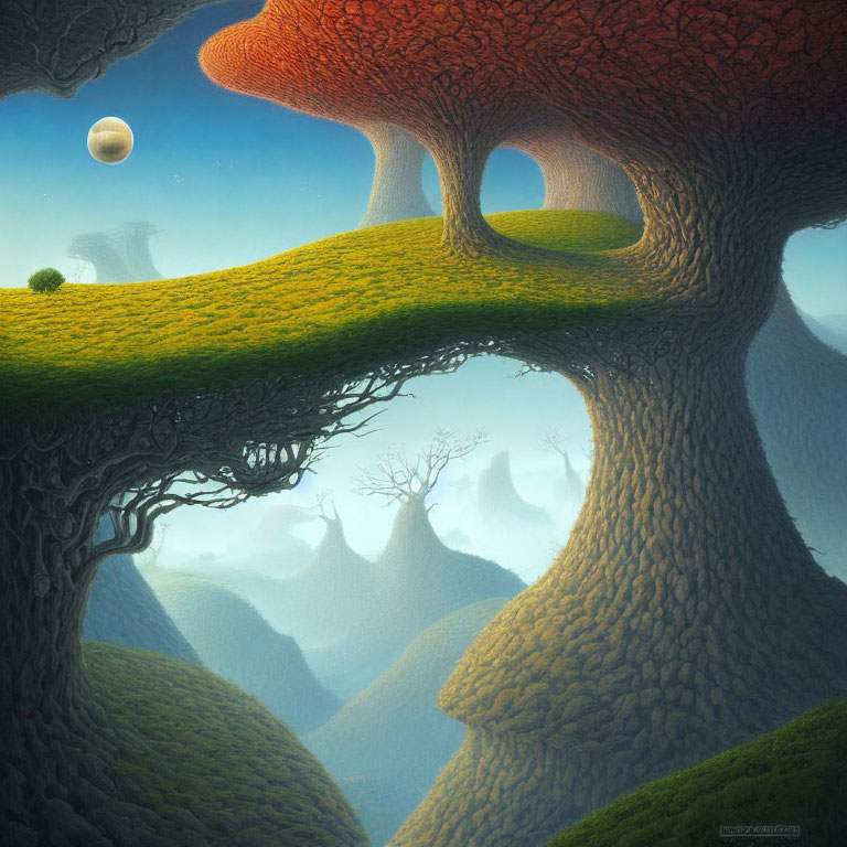 Surreal landscape featuring massive mushroom-like trees and rolling hills under a hazy sky with a small