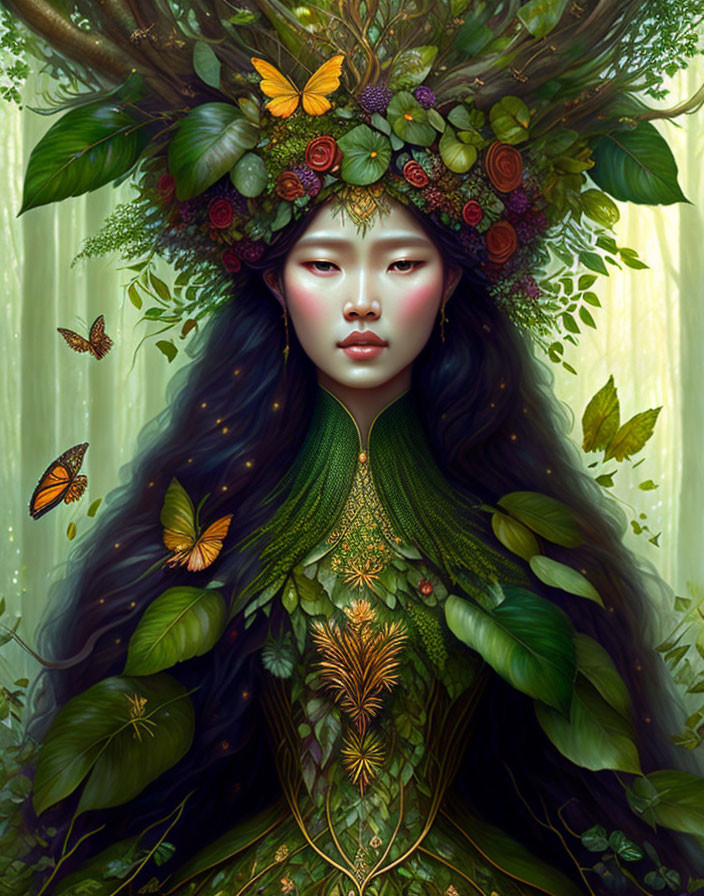 Woman portrait with floral crown, butterflies, and nature elements