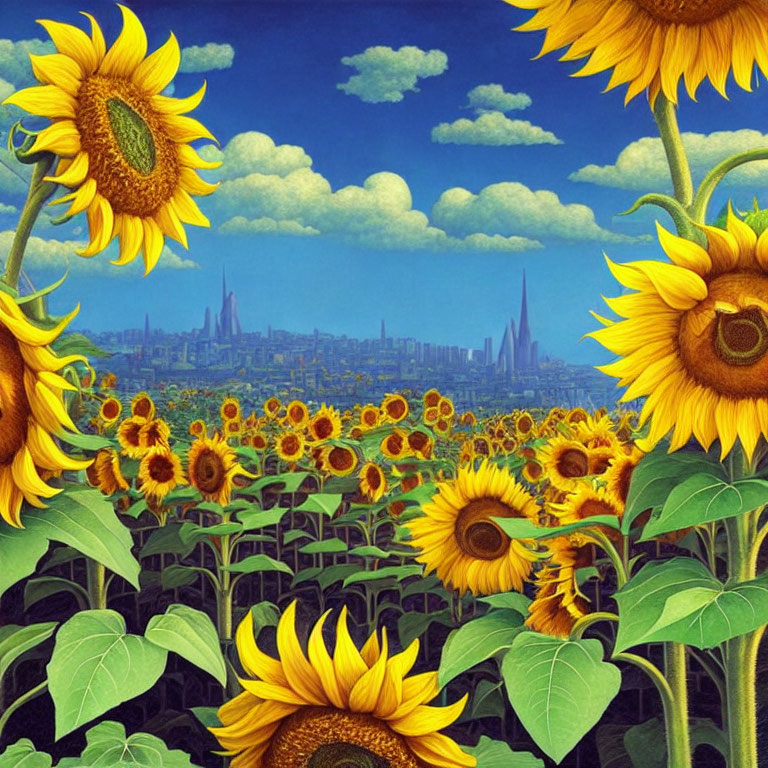 Sunflower Field with City Skyline on Horizon and Blue Sky