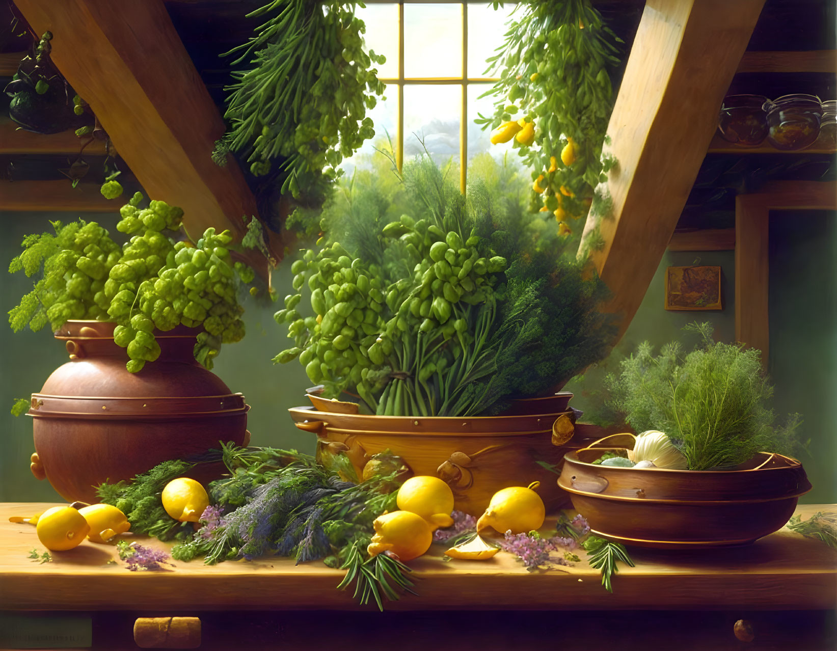 Fresh Produce Still Life with Grapes, Lemons, Herbs, and Vegetables on Wooden Table