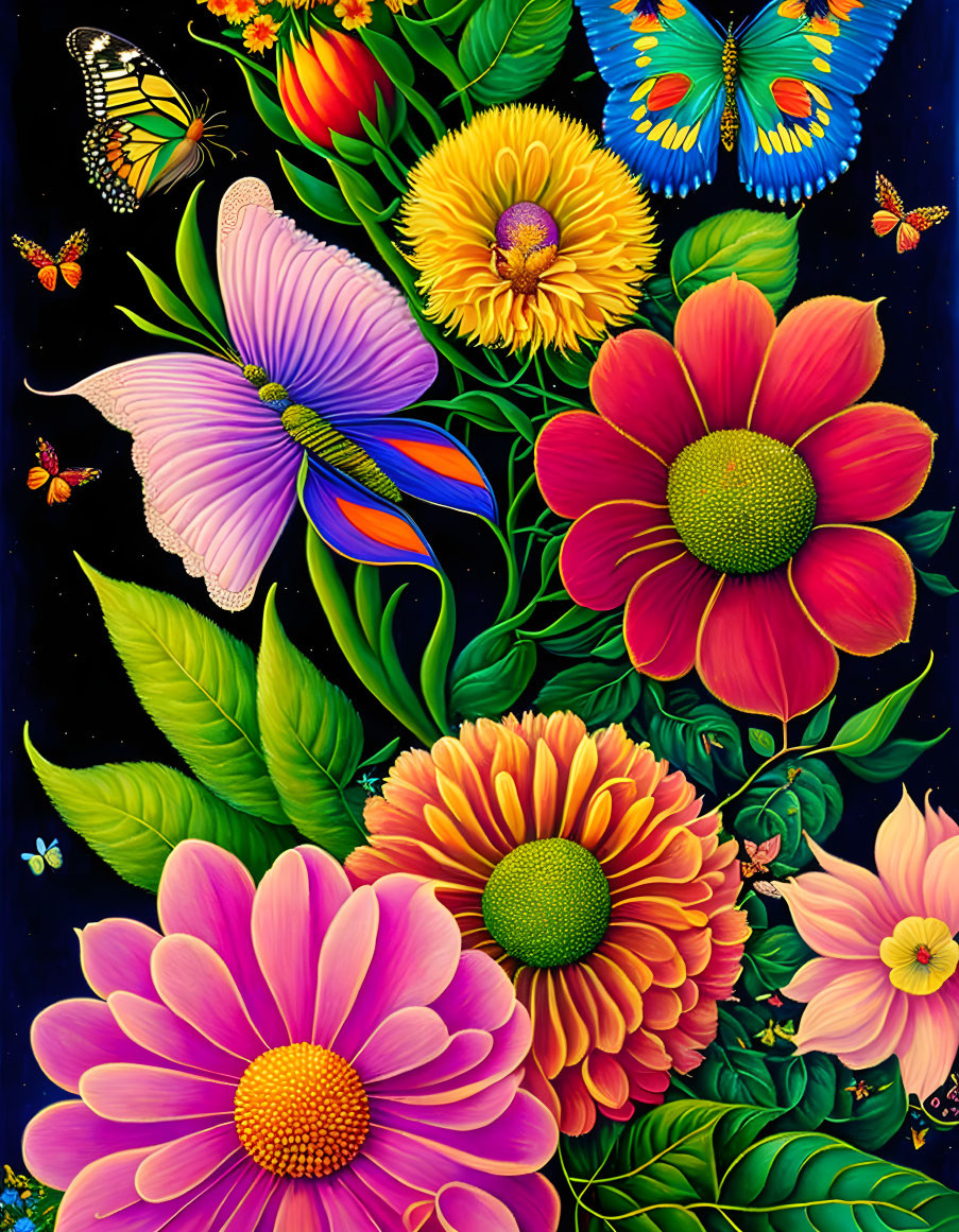 Colorful Flowers and Butterflies on Dark Background