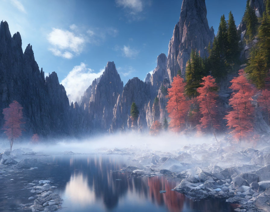 Misty river and autumn trees with rocky peaks under blue sky