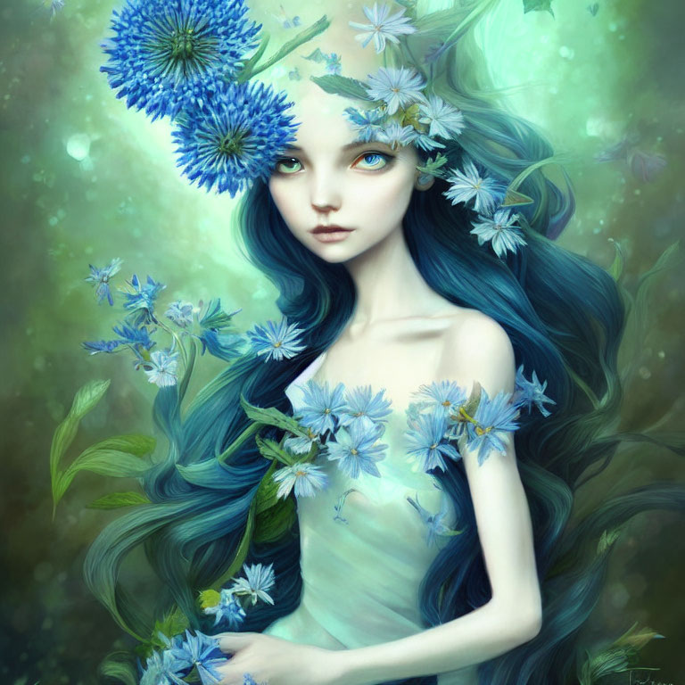 Fantastical illustration of woman with blue hair and flowers in serene green backdrop