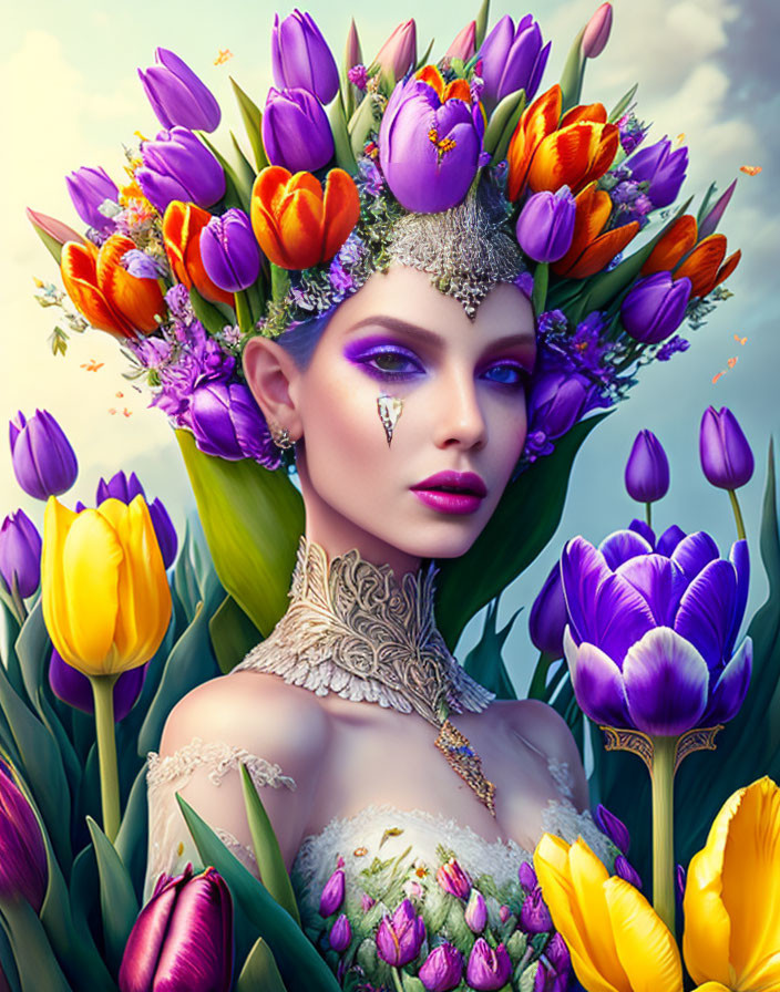 Digital Artwork: Woman in Tulip Crown and Dress