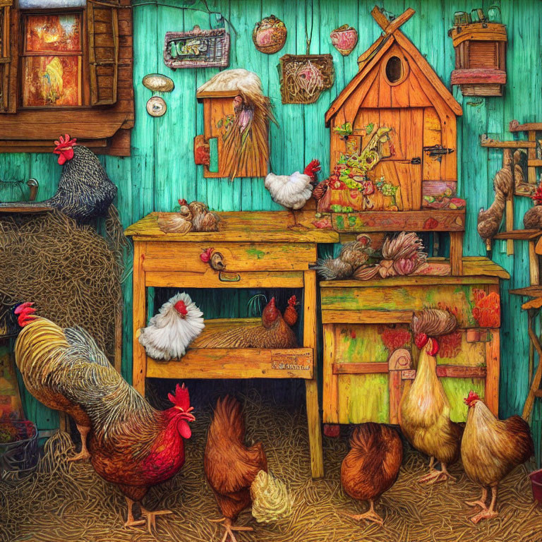 Vibrant image of chickens in rustic henhouse setting