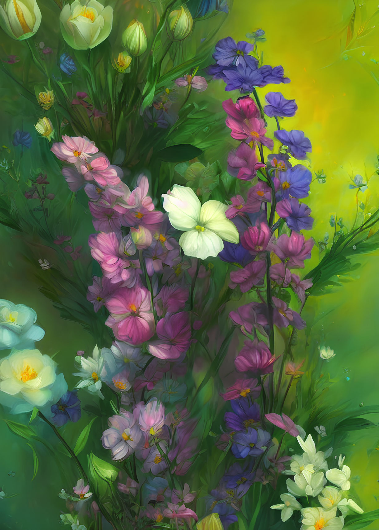 Colorful painting of pink, blue, white, and yellow flowers with lush greenery