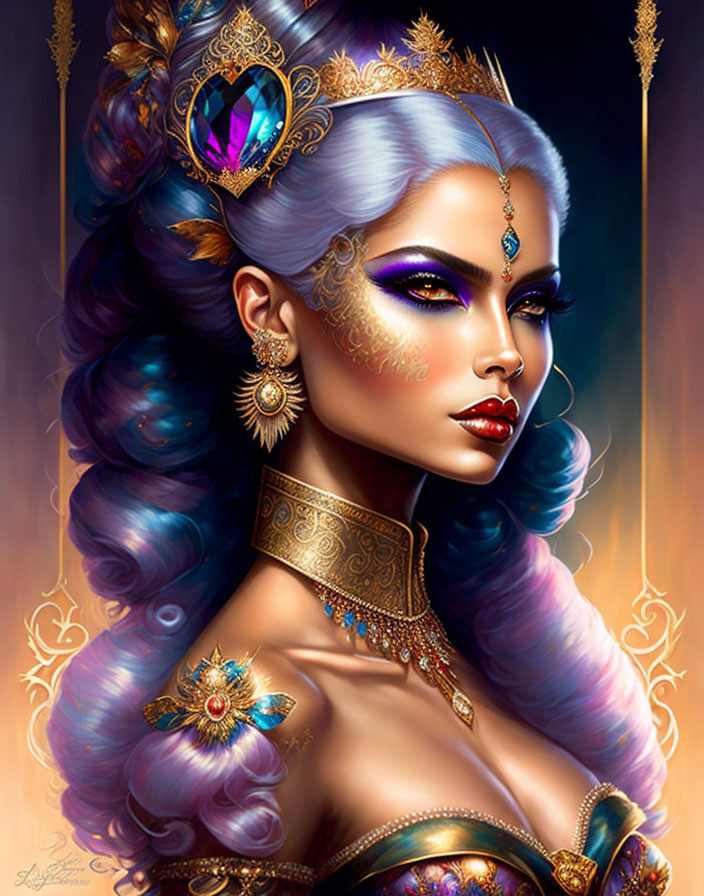 Portrait of Woman with Silver Hair and Golden Headpiece, Purple Eye Makeup, and Golden Jewelry