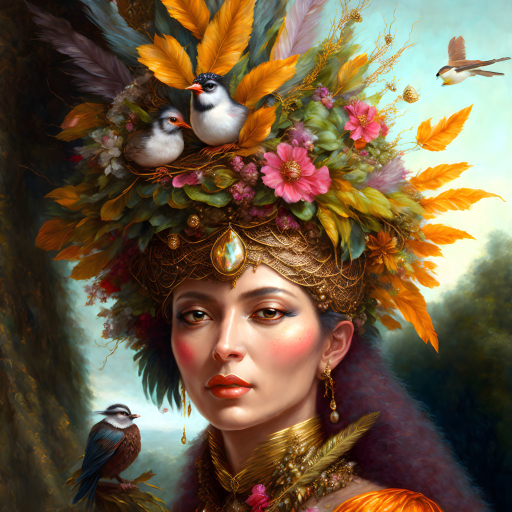 Woman wearing ornate headdress with autumnal elements and jewel.