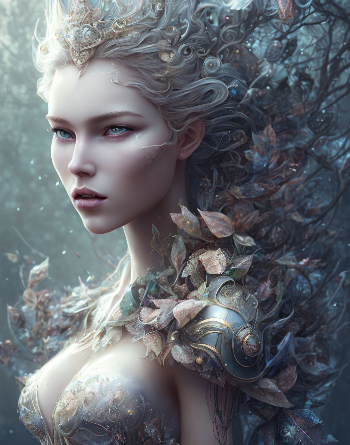 Fantasy female character with pale skin, white hair, crown, blue eyes, and leafy armor