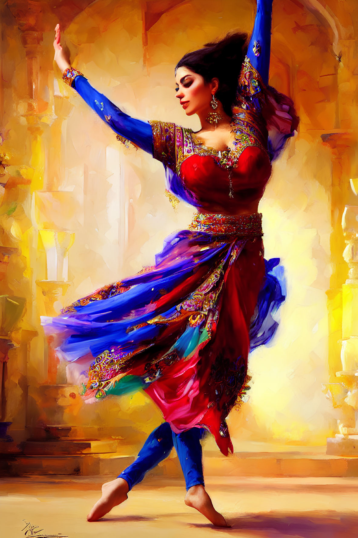 Colorful Woman Dancing in Traditional Attire on Golden Background