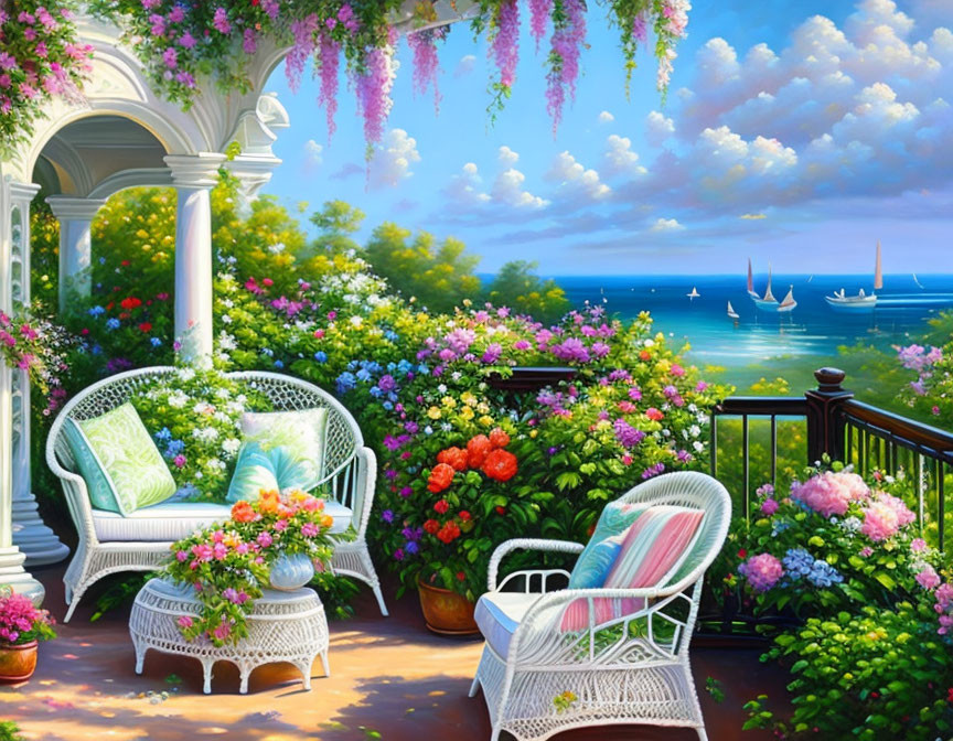 Ocean view with flower-fringed patio and sailing boats in the distance