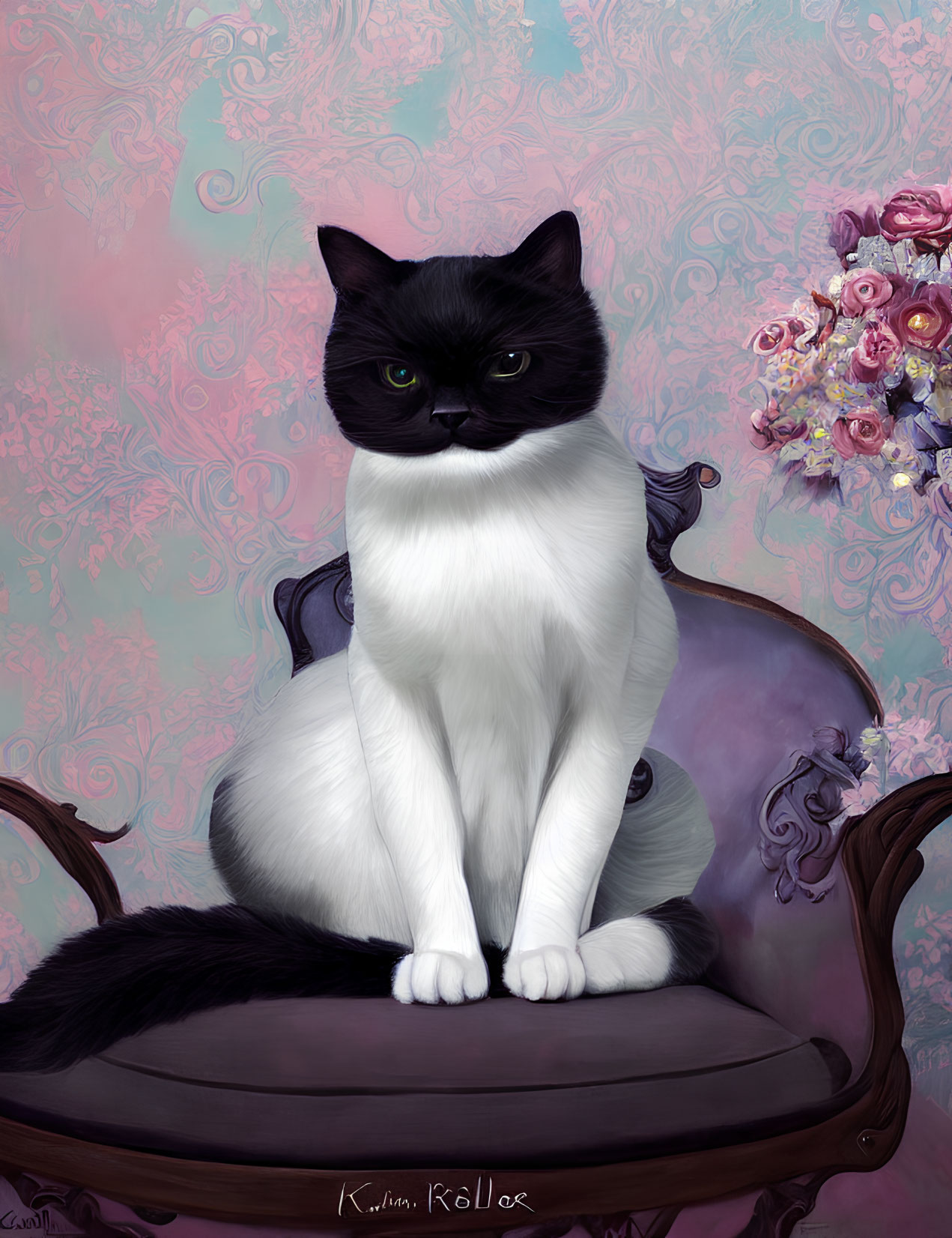 Monochrome cat on ornate chair with floral bouquet in digital painting