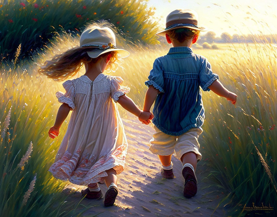 Children walking hand in hand in sunlit field with girl in dress and boy in denim.