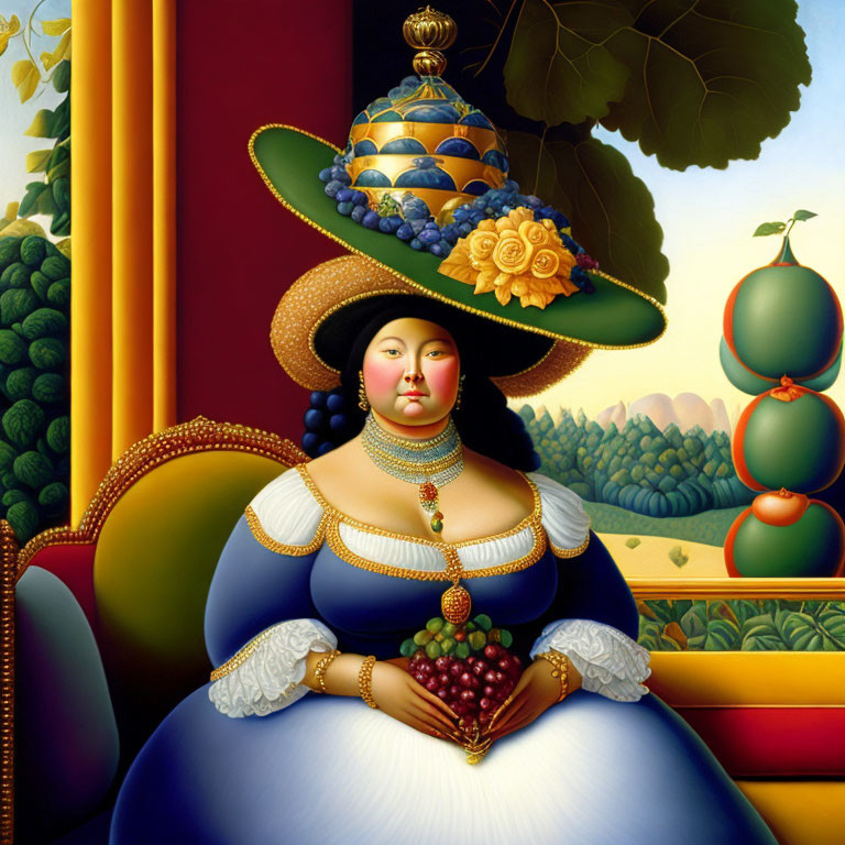 Colorful painting of stylized woman with fruit hat in surreal landscape