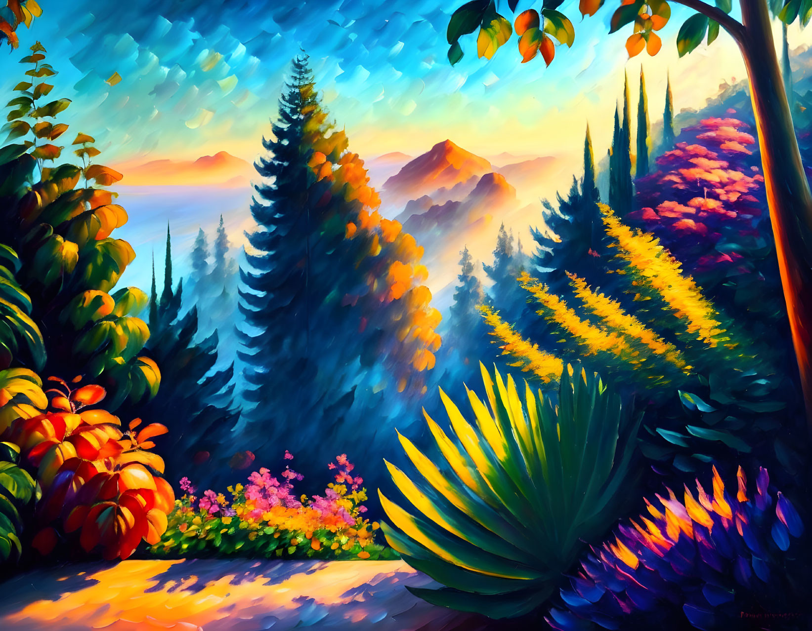 Vibrant Impressionistic Landscape Painting with Sunrise