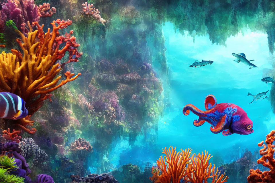 Colorful Underwater Scene with Corals, Octopus, and Fish