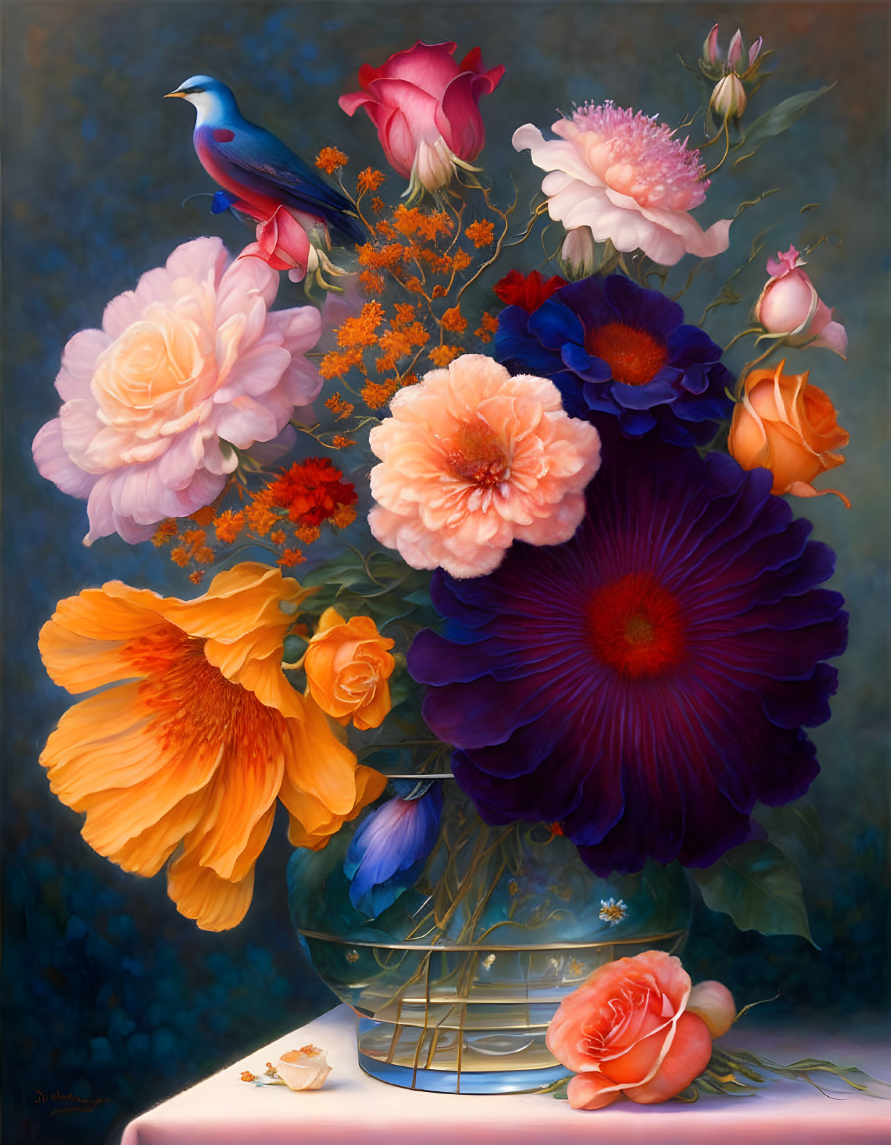 Colorful Flower Still Life Painting with Glass Vase and Blue Bird