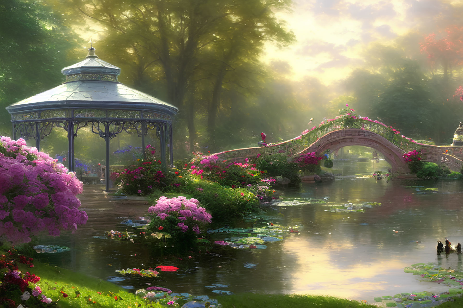 Tranquil garden with gazebo, flowers, bridge, and pond in warm light