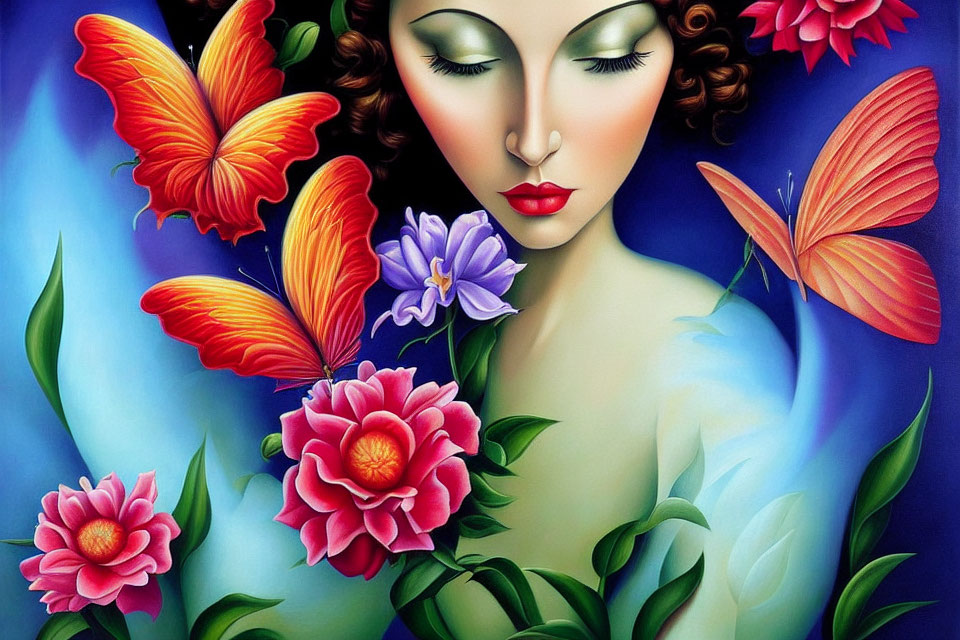 Colorful painting of woman with flowers and butterflies