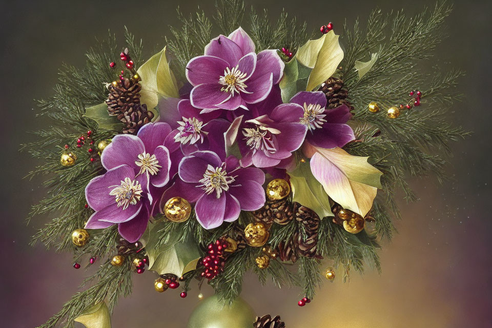 Purple Flowers, Pine Cones, Golden Ornaments, and Red Berries in Evergreen Arrangement