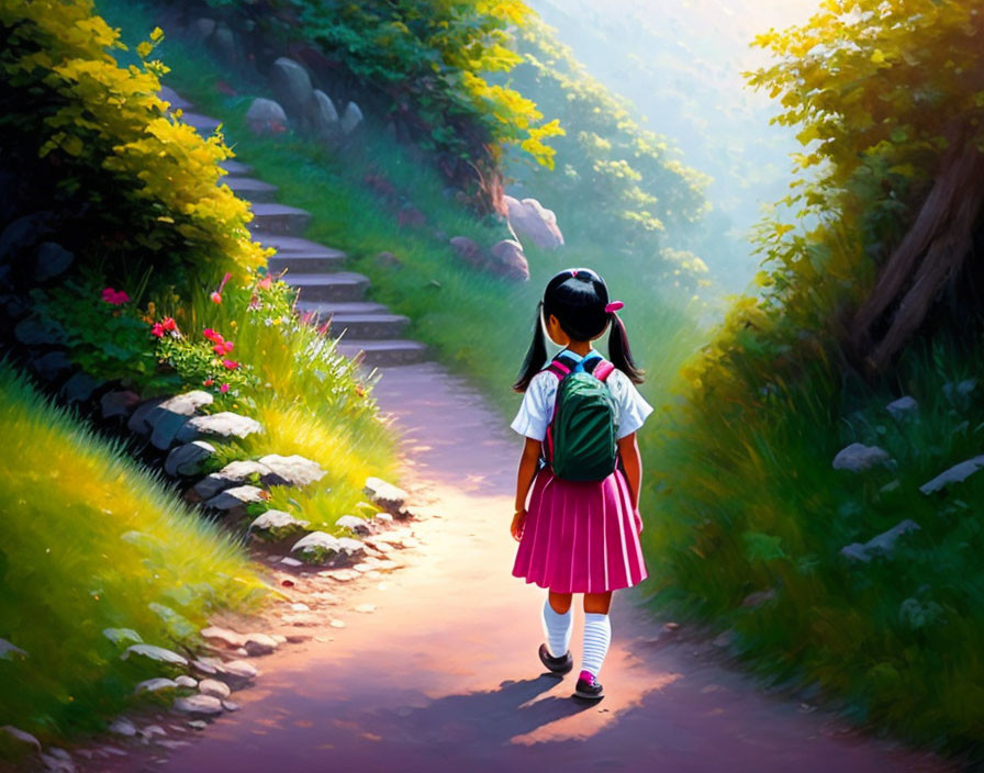 Young girl walking on sunlit forest path with greenery and pink flowers