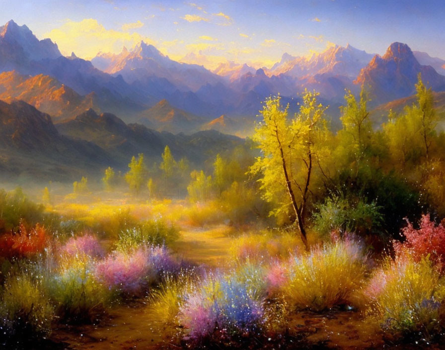 Colorful Landscape Painting: Sunlit Valley, Wildflowers, Mountains