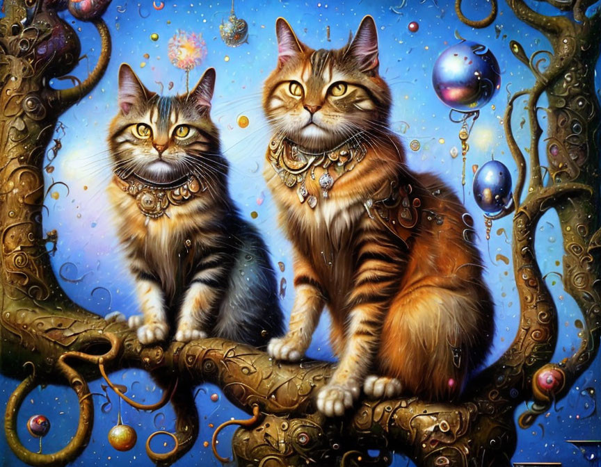 Whimsical cats on branch with celestial background