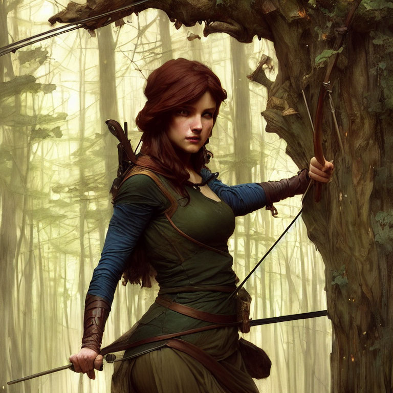 Female archer in forest with quiver and bow ready.