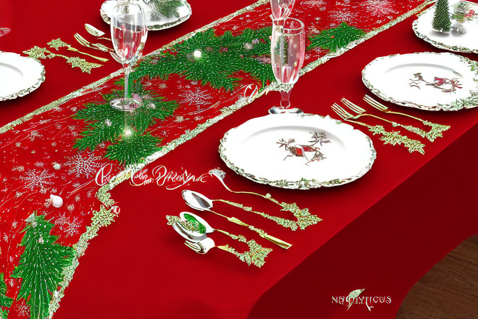 Elegant holiday table setting with festive plates, gold cutlery, crystal glasses, and holly