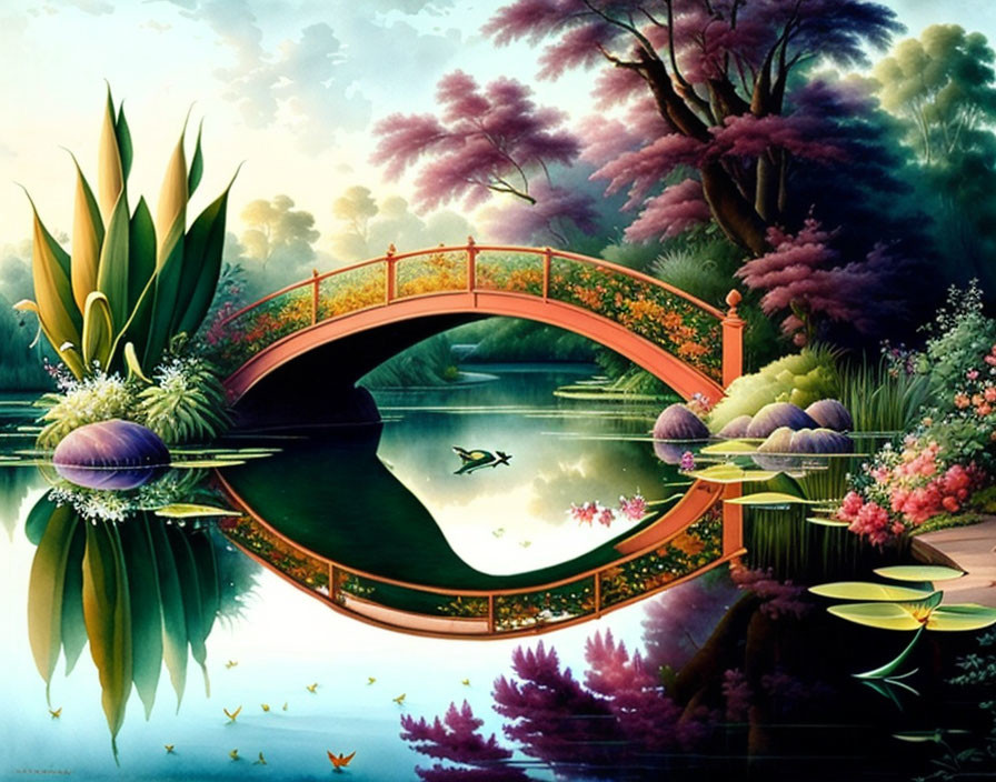 Tranquil Fantasy Landscape with Reflective Lake, Arched Bridge, and Colorful Flora