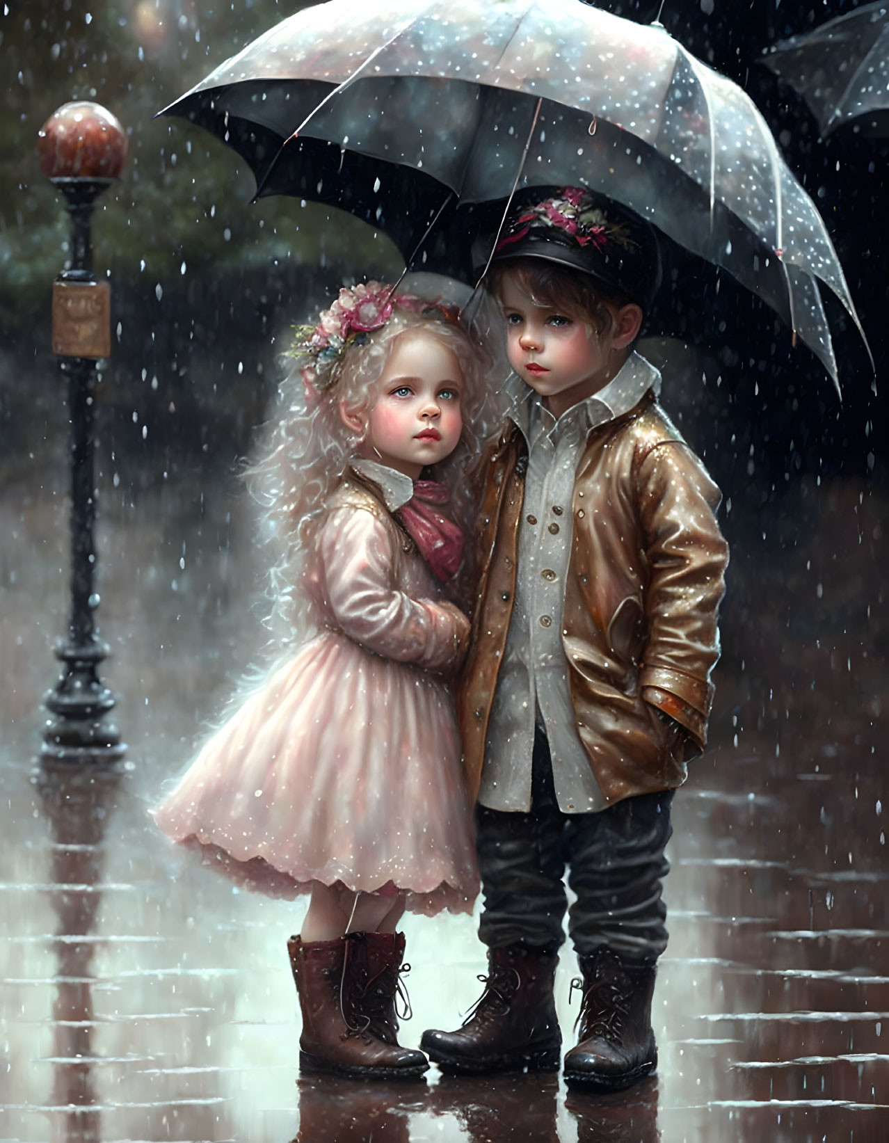 Young children under umbrella on rainy day, girl in pink dress, boy in brown jacket, both reflective