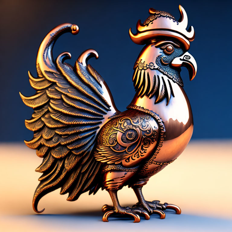 Intricate Metallic Rooster Sculpture with Dynamic Pose