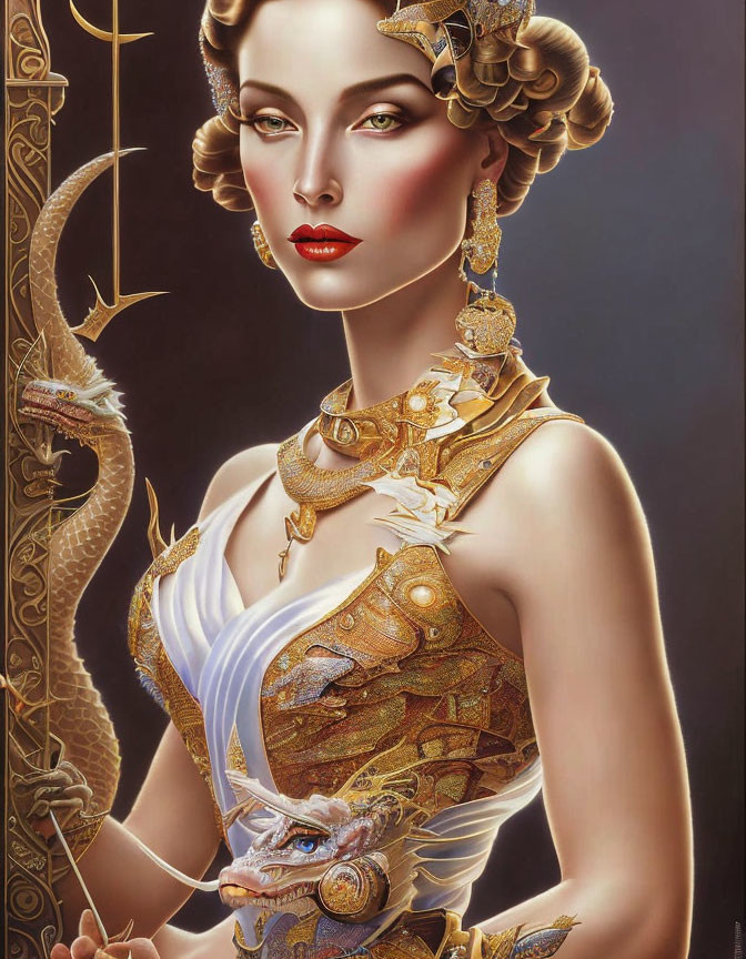 Regal woman with dragon-themed jewelry and fantastical armor.