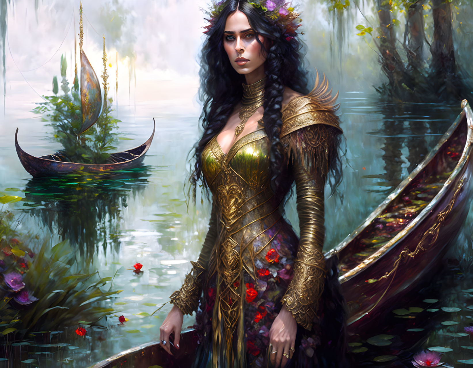 Fantasy digital artwork: Elegant woman in golden armor by serene waterway