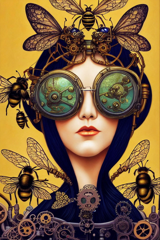 Fantastical woman with blue hair and steampunk goggles among bees and gears on yellow background