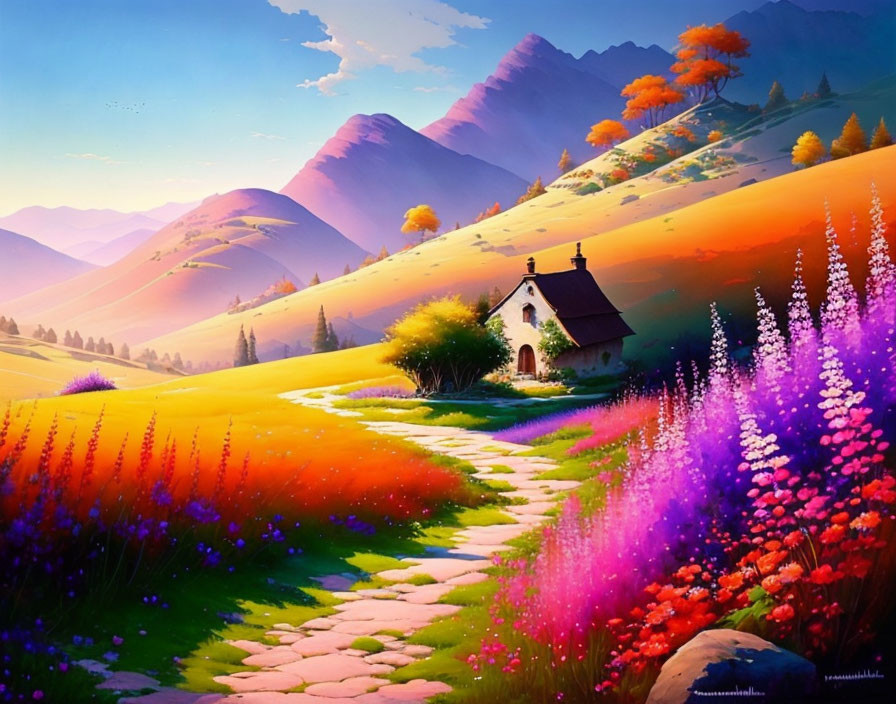 Colorful landscape painting with cottage, flowers, path, hills, and mountains.