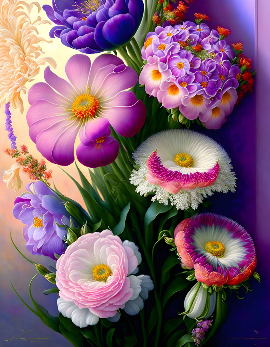 Colorful illustrated flowers in shades of purple, pink, and white on a soft glowing background