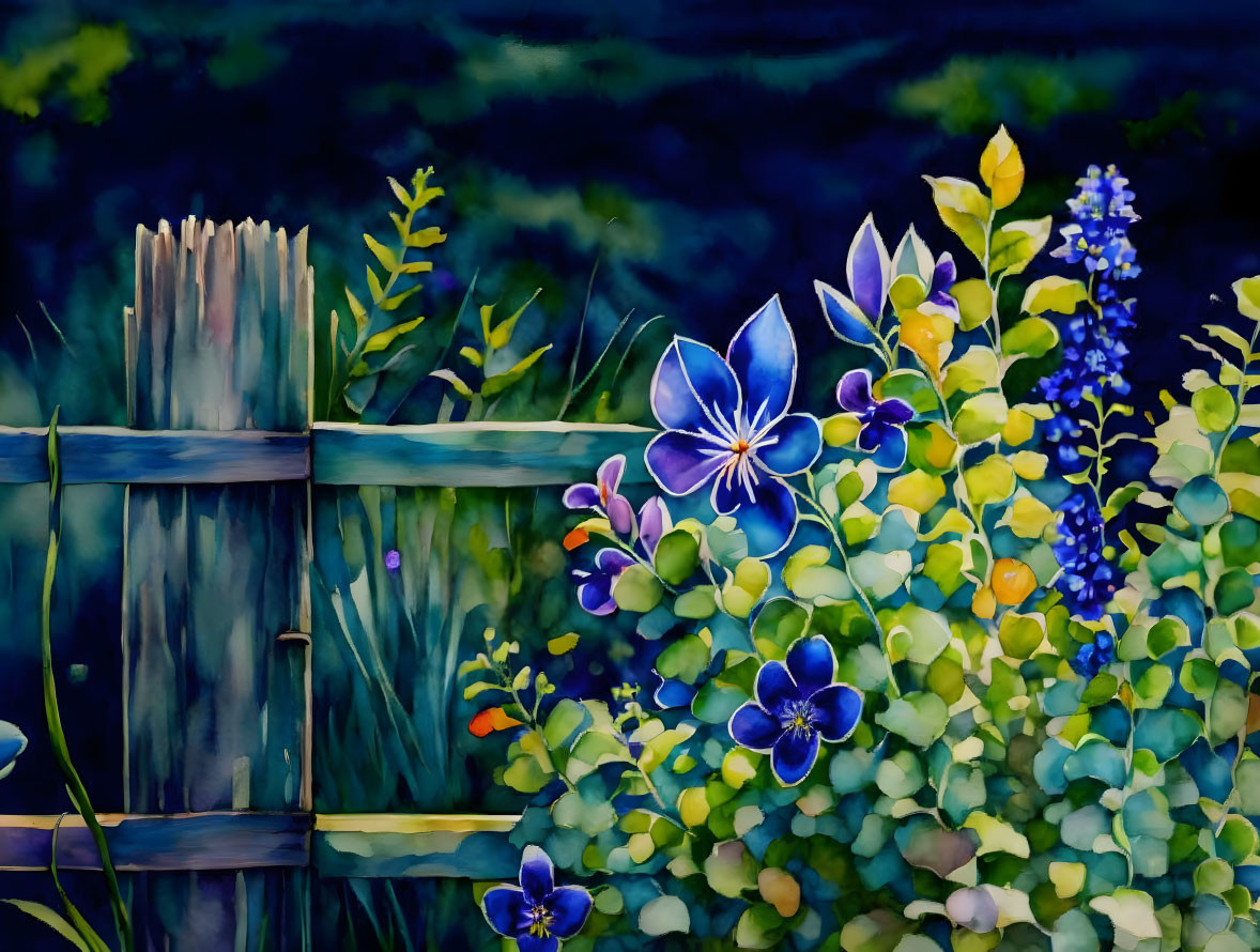 Vibrant blue and purple flowers in watercolor against rustic wooden fence