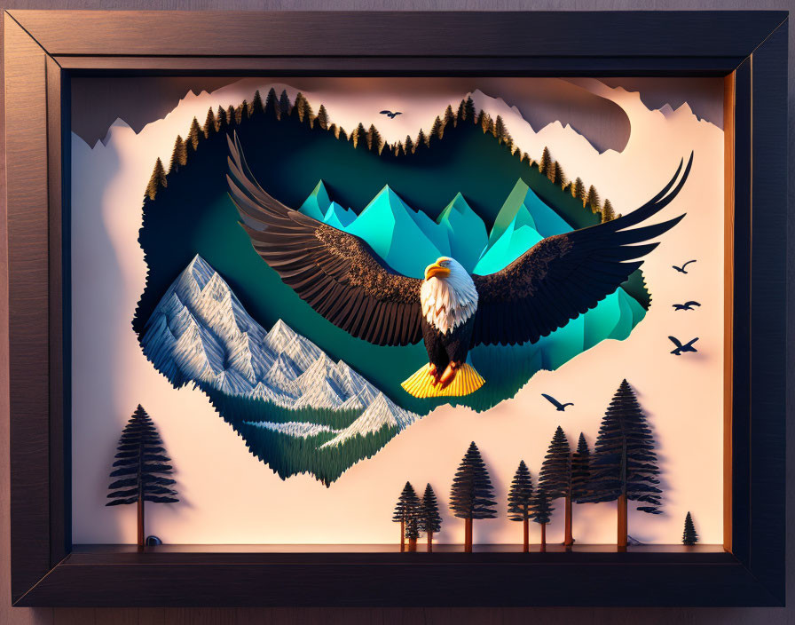 3D paper art diorama of mountains, forests, and eagle in box frame