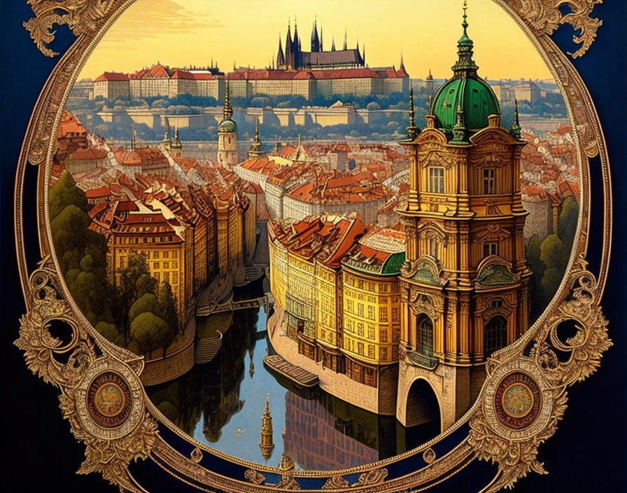 Ornate Prague illustration with Charles Bridge and Prague Castle in golden frame