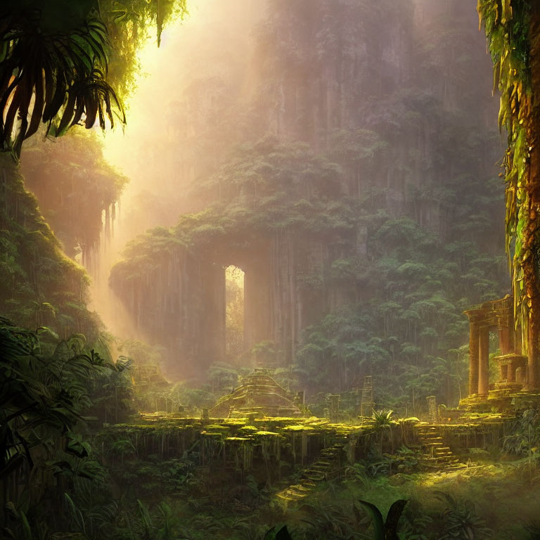 Lush Green Jungle with Ancient Ruins and Ethereal Sunlight