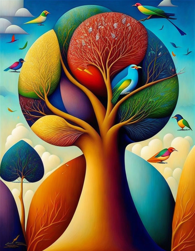 Colorful Tree Painting with Birds and Hills on Blue Sky