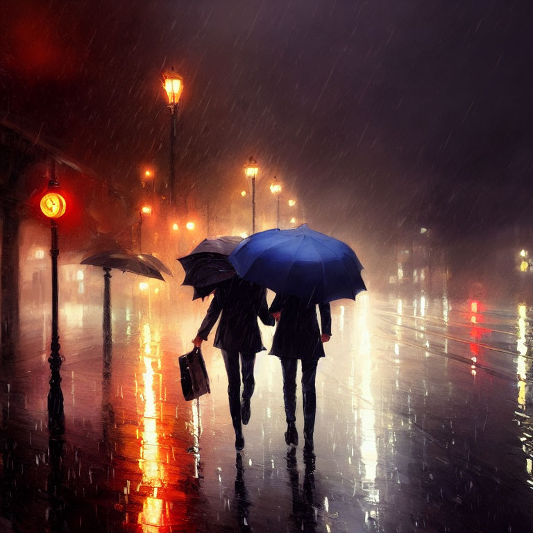 Two individuals with umbrellas strolling in rain under streetlights