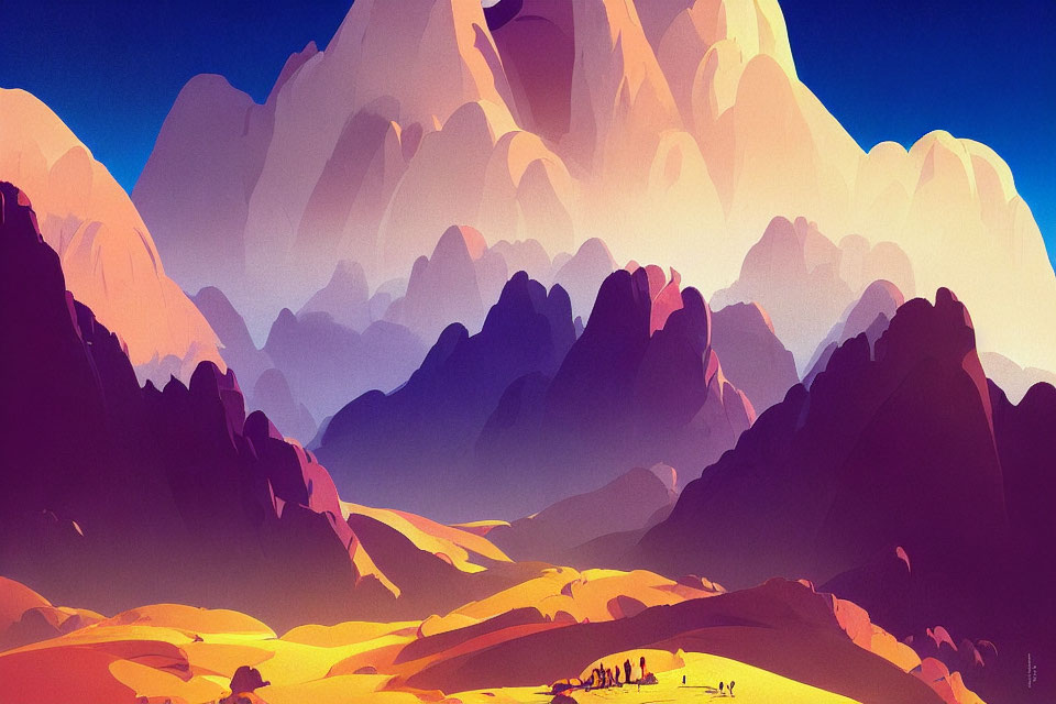 Colorful digital artwork: Mountain landscape with travelers