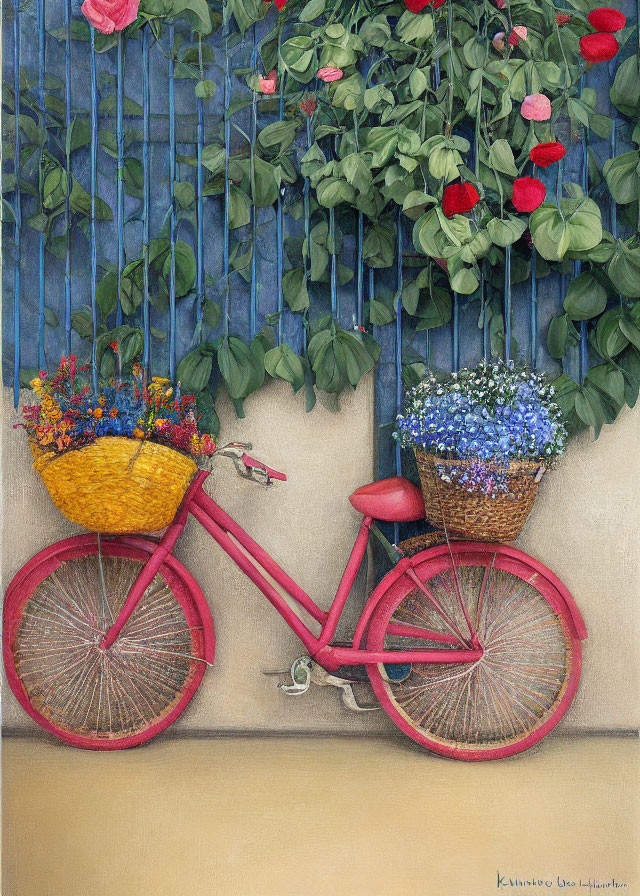 Vibrant pink bicycle with flower-filled baskets under blooming rose trellis