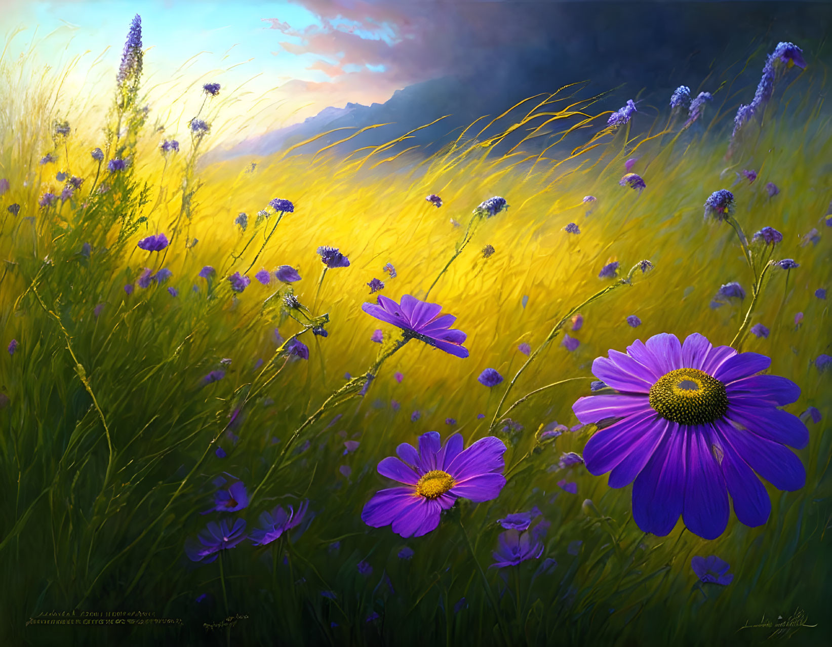 Purple flowers in vibrant field under dramatic sky