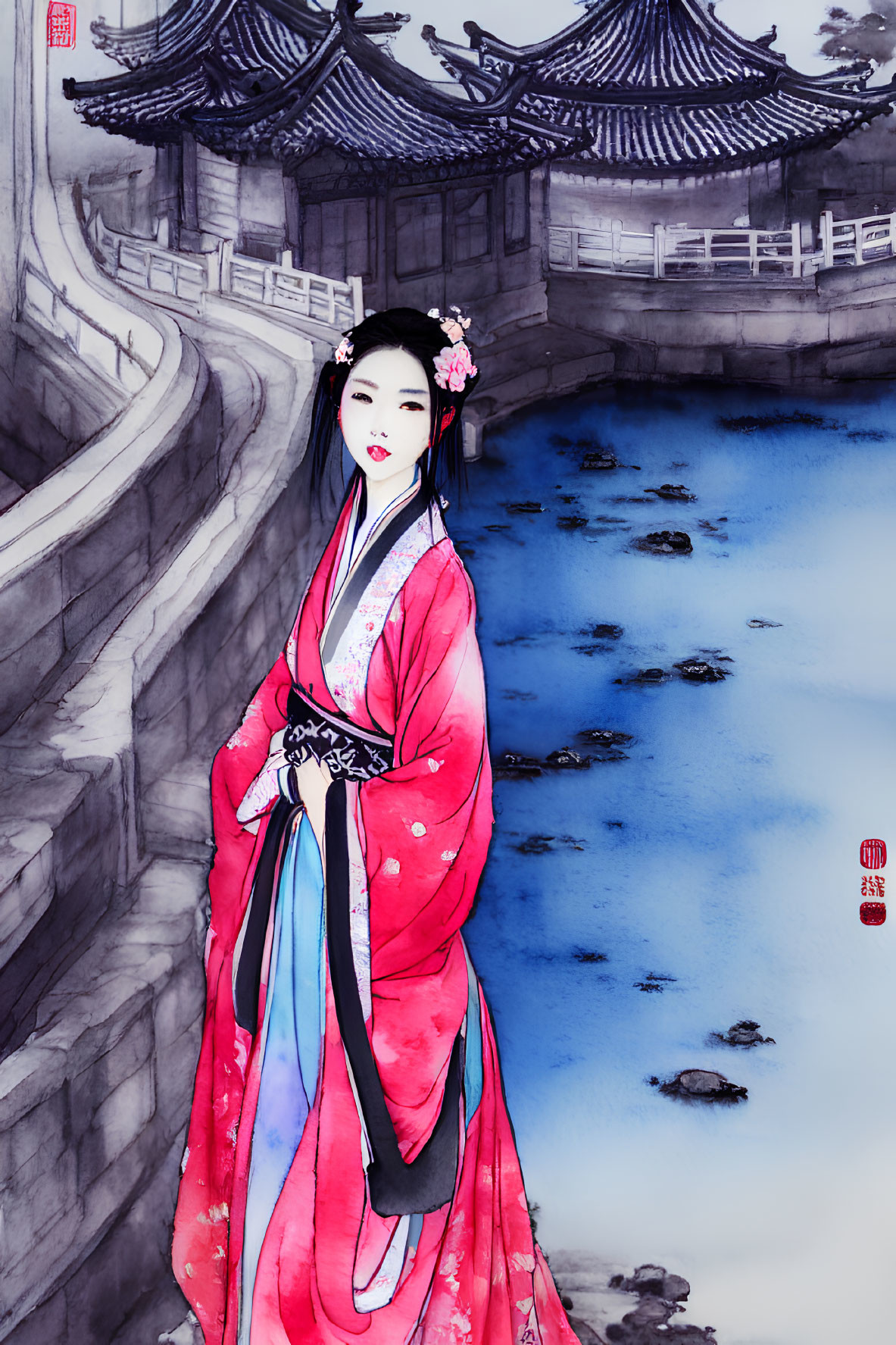 Asian artwork of woman in red kimono by tranquil stream